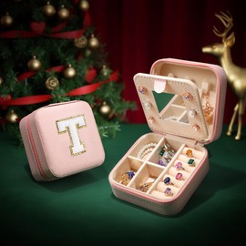 Parima Mom Gifts for Women, Travel Jewelry Case for Mother Gifts | Travel Gifts for Mother Mom from Daughters | Travel Essentials Small Jewelry Box | Jewelry Travel Organizer - Letter T, Pink