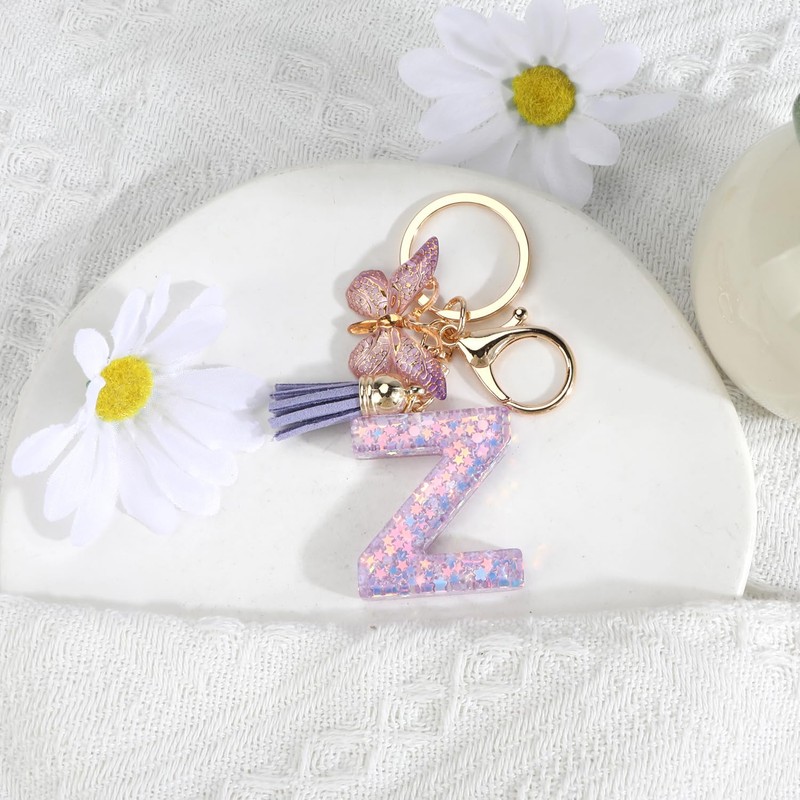 Initial Keychain, Letter Keychain with Butterfly & Tassel,Cute Purple Keychain