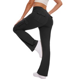 Hispotim Flare Leggings for Women with 6 Pockets Cargo Leggings High Waisted Pants Gym Casual Workout Leggings, Black(M)