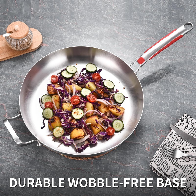 Inqibee 13-Inch Tri-Ply Stainless Steel Frying Pan with Lid and