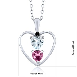 Gem Stone King 925 Sterling Silver Sky Blue Aquamarine Pink Tourmaline and Black Diamond Pendant Necklace For Women (0.65 Cttw, Gemstone March Birthstone, Heart 5MM and 4MM, with 18 Inch Silver Chain)