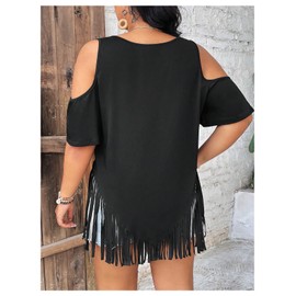 RoseSeek Women's Plus Size Fringe Hem V Neck Tops Short Sleeve Cold Shoulder T Shirts Top Black 2XL
