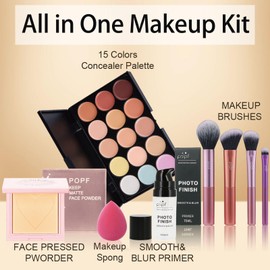Make Up Set, All-in-one Makeup Set Gift Surprise, Makeup Kit for Teens Girls Women, Includes 15 Colors Concealer Palette,Face Pressed Powder,Makeup Sponge,Smooth & Blur Primer,Brushes