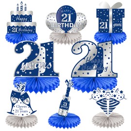 8Pcs 21st birthday Honeycomb Centerpieces Decorations for Boys， Blue Silver Happy 21 Birthday Table Centerpiece Party Supplies, Birthday,Twenty First Year Old Table Topper Decor