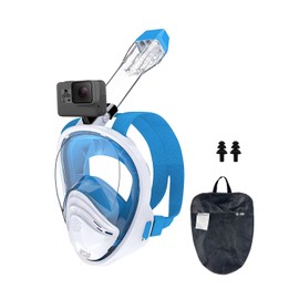 Full Face Snorkel Mask 180° Panoramic View Anti-leak Anti-fog Snorkeling Mask Set Complete with a detachable camera adjustable straps Blue S/M