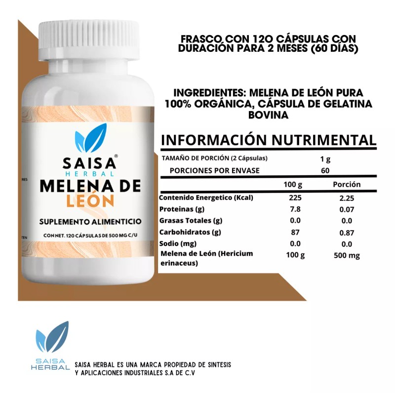 Saisa Herbal Melena De León 100% Pura Premium 120 Cápsulas
