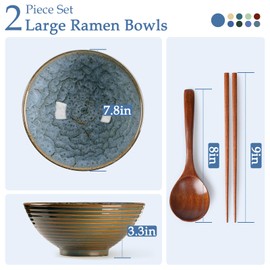 NUTRIUPS 8 Inch Ceramic Ramen Bowl Set of 2 Pho Bowls 40oz Japanese Noodle Udon Soup Bowls with Spoons and Chopsticks (Blue Peacock)