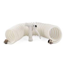 T-H Marine 25 ft Washdown Hose Kit - 1/2 Inch Coiled Poly Hose, White - Brass Quick Connect Ends - White Pistol Grip Nozzle - UV and Chemical Resistant
