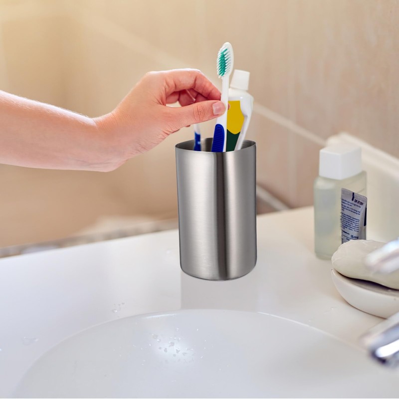 Veemoon Lightweight Stainless Steel Toothbrush Cup, Silver Metal Water Cup