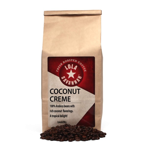 Lola Savannah Coconut Crème Whole Bean Coffee - Smooth Gourmet Arabica Coffee Beans Infused with Sweet Creamy Real Coconut Flakes, Caffeinated, 2lb Bag