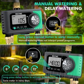 RESTMO 4-Zone Sprinkler Timer, Brass Inlet Programmable Water Timer for Garden Hose, Automatic Digital Irrigation with Manual ON/Off & Rain Delay for Lawn, Drip System & Outdoor Faucet