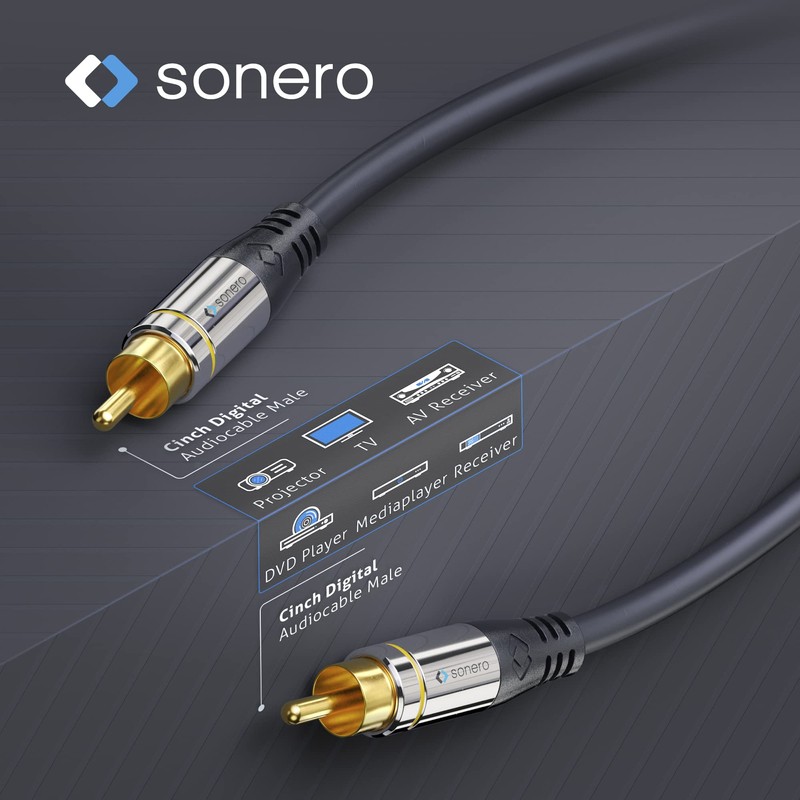 sonero® Premium 10,0m Cinch Kabel, 1x Cinch Stecker auf 1x