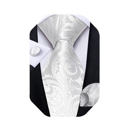 DiBanGu Extra Long Tie for Men Silk 63 inches XL Necktie and Pocket Suqare Cufflinks Set Mens Big and Tall Tie Wedding Party, White