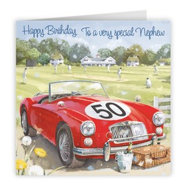 Hunts England - 50th Nephew Classic Sports Car Birthday Card - Happy Birthday - 50 - To A Special Nephew - Artistic Car Birthday Card - Milo's - Cricket Match