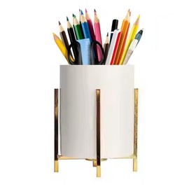 Leoyee Pen Holder, Gold Pen Holder with Sturdy Metal Frame, with White Ceramic Pen Holder, Desk Organiser, Makeup Brush Holder and Kitchen Utensils Holder (Golden)