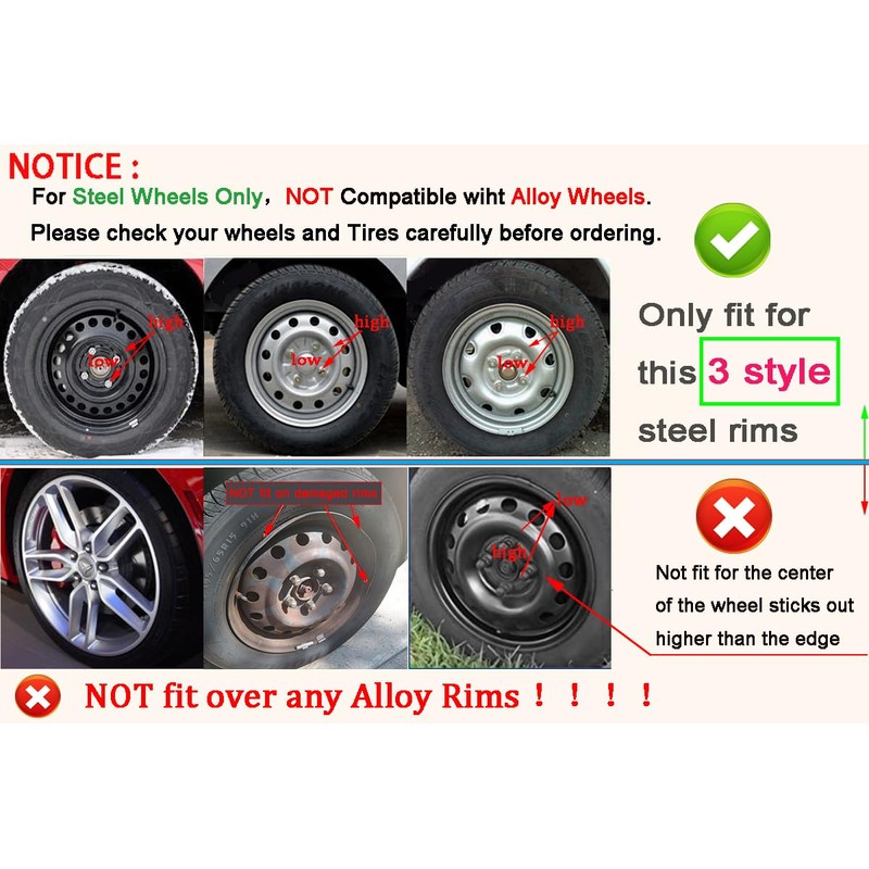 Hubcap Wheel Covers Replacement Size R15 Hub Caps Universal-Fit Steel