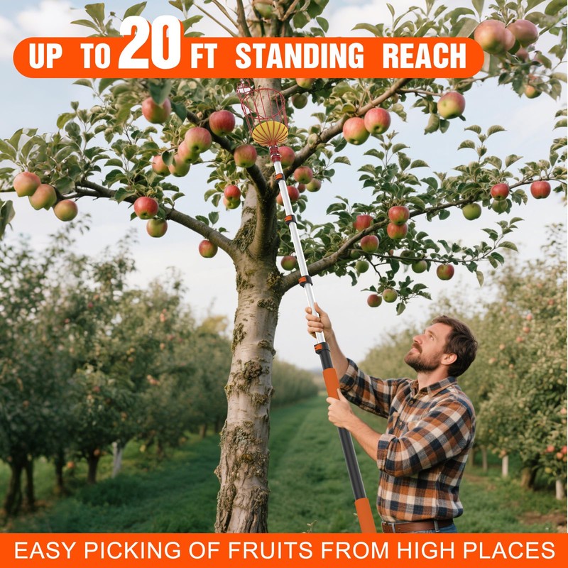 LAANPOLE 20FT Reach Fruit Picker Pole with Basket Telescoping, Apple