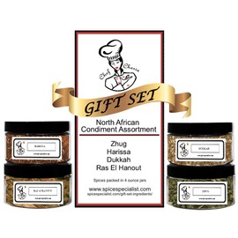North African Condiment Spice Assortment Set by Chef Cherie - Includes 4 different Seasonings - 1 each of Dukkah, Harissa, Ras El Hanout, and Zhug - KOSHER