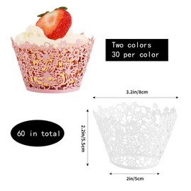 TRKETK Pack of 60 Cupcake Cases, Lace Cupcake Inserts, Artistic Baking Cakes, Paper Cups, Laser Cut Cupcake Cases for Birthday, Wedding, Baby Shower, Party Decoration (White + Pink)