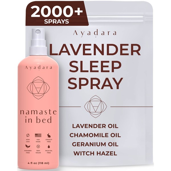 Ayadara Namaste in Bed Sleep Spray, Pillow Mist Sleep Spray, Lavender Pillow Spray For Calm Sleep, Lavender Linen Spray for Bedding, Blanket, Sheets, & Clothing, Lavender Spray for Sleep, 2000+ Uses