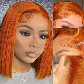Wear and Go Glueless #350 Ginger Orange 13X4 HD Transparent Lace Front Bob Wig Human Hair Pre Plucked Lace Frontal Blunt Cut Bob Wigs With Baby Hair Natural Hairline Short Bob Wigs For Black Women