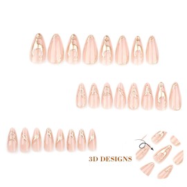 IMRAIN French Tip Press on Nails Medium Almond Fake Nails with Marble Design Gold French Line False Nails Full Cover Glossy Glue on Nails for Women Nail Decoration Nude Stick on Acrylic Nails
