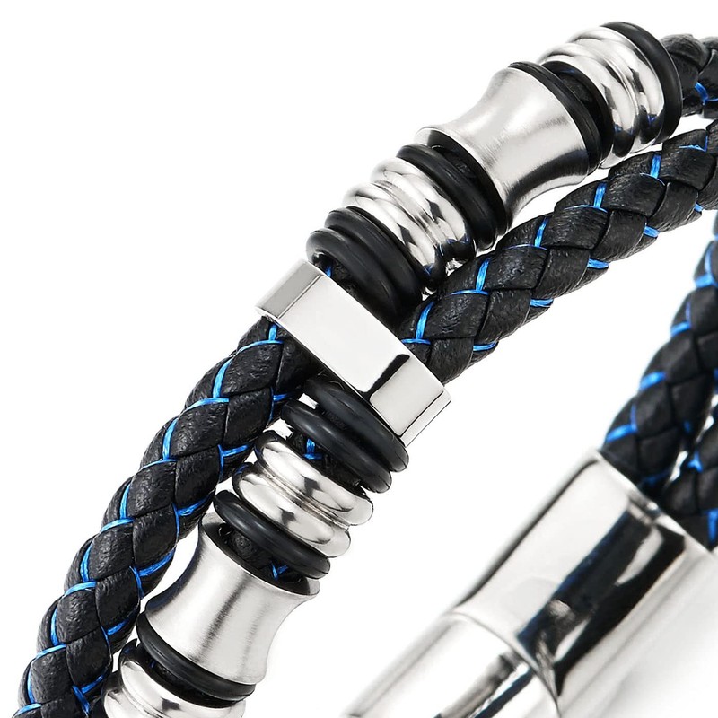 COOLSTEELANDBEYOND COOLSTEELANDBEYOND Mens Double-Row Black Blue Braided Leather Bracelet Bangle