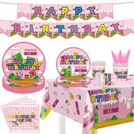 USERTEN 122Pcs Super Bros Peach Party Disposable Tableware Supplies Girls Princess Birthday Table Decoration Kit for 20-Guests Includes Banner, Tableloth, Plates, Cups, Napkins, Forks and Knives
