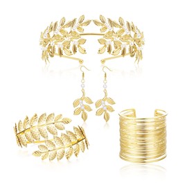 Finrezio Grecian Goddess Costume Accessories Set for Women Greek Goddess Crown Upper Arm Cuff Bracelet Dangle Earring Goddess Jewelry Set for Bridal Wedding Toga Party