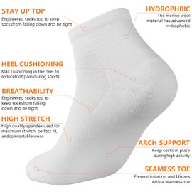 RTZAT Men 90% Merino Wool Ankle Business Casual Moisture Wicking Arch Support Everyday Lightweight Thin Wool Socks, White, X-Large