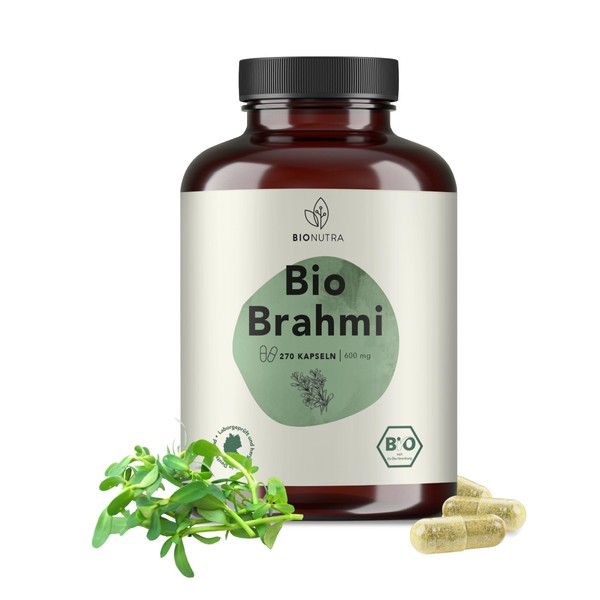 BIONUTRA® Brahmi Organic Capsules (270 x 600 mg), High Dose, German Production, 4 Month Pack, Vegan, No Additives, Controlled Organic