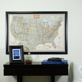 Craig Frames Wayfarer, Executive United States Push Pin Travel Map, Contemporary Wide Black Satin Frame and Pins, 24 by 36-Inch