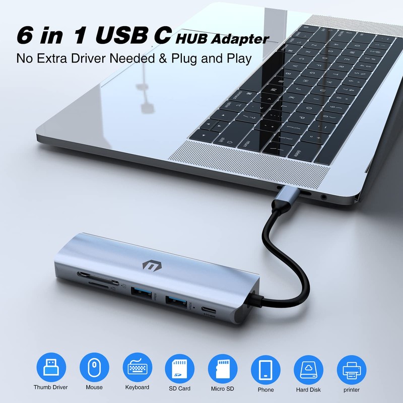 USB C HUB, USB 3.0 HUB, 6 in 1 USB