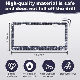 QUANQIUFEI 2 Pack Bling License Plate Frames for Women, Sparkly Rhinestone Diamond Car Accessories with Glitter Crystal Caps (Navy Blue)