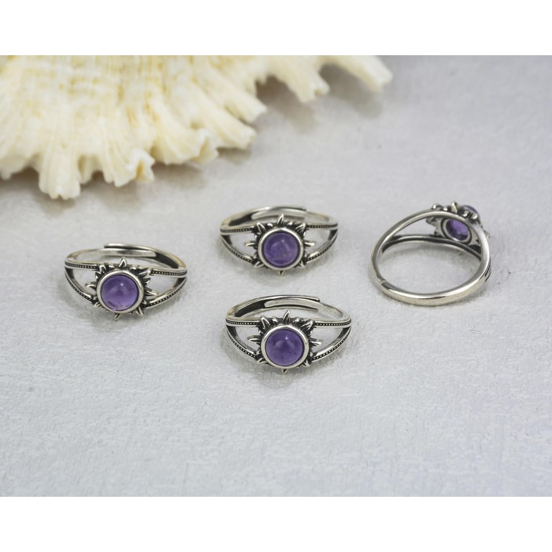 Amethyst Ring, Adjustable Healing Faceted Cut Amethyst Sun Ring, Vintage