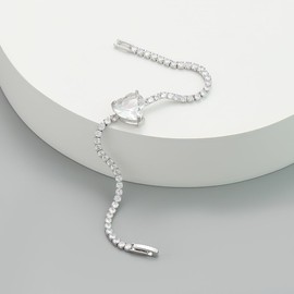 Treasure Bay White Gold Plated CZ Tennis Bracelet for Women, Elegant Heart Crystal Charm Bracelet