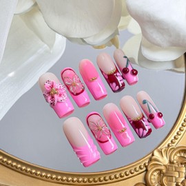 Pink Gradient Press on Nails Long Coffin Fake Nails 3D Luxury Flower Cherry Pattern Design Spring Summer Fruit French Tip Thick False Nails Golden Steel Ball Acrylic Nails for Women Nails DIY (Size M)