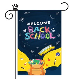 Mokonate Welcome Back to School Garden Flag 12 x 18 Double Sided, School Supplies Yellow Bus Outdoor Yard Lawn Colorful Fabric School Welcome Yard Flags Banner Decorations