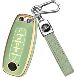 QBUC Key Fob Cover for Nissan,Car Key Fob Protector 5 Buttons Key Case Protection Compatible with 2023 2024 Pathfinder Rogue Metal Keychain Remote Key Accessories Protector (Gold-Green)