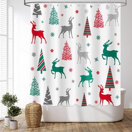 MEHOFOND 72x72in Merry Christmas Shower Curtain Pattern with Christmas Trees Reindeer Snowflake Shower Curtain Bathroom Decorations Happy New Year Decor Waterproof Polyester Fabric with Hooks