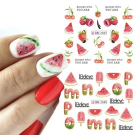 Fruit Nail Art Stickers Decals Summer Colorful Fruit Water Transfer Nail Decals Watermelon Strawberry Lemon Orange Design Summer Nail Decorations Accessories Cute Acrylic Nail Stickers for Nail Art