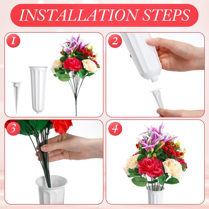Tigeen 6 Sets Artificial Cemetery Flowers with Vase 54 Heads