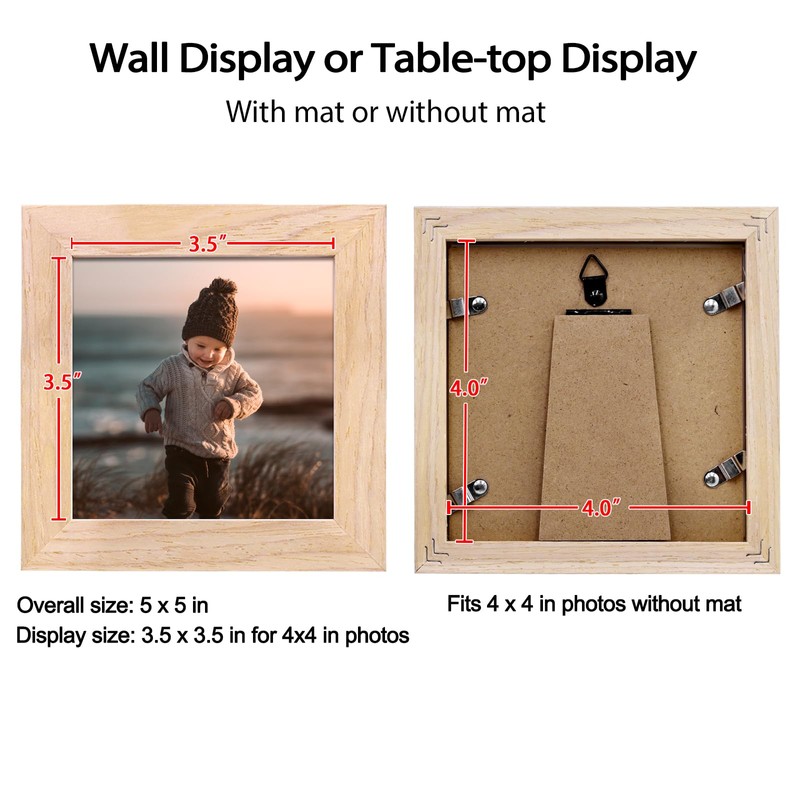 KINLINK 4x4 Picture Frame, Natural Square Solid Wood Frames for