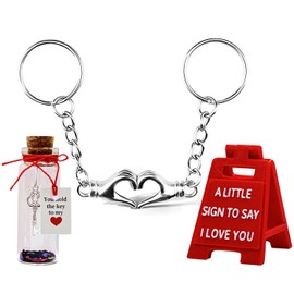 JOAWSOME Heart Keychain Set for Couples With Mini Sign Valentine's Decoration Gift Bottle, Valentines Birthday Anniversary Present Gifts Wife Husband(Heart 01)