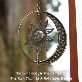Decorative Sun and Moon Rain Chain, 8.5Ft Metal Rain Chimes for Gutters, Vintage Rotational Sun Rain Chain Downspouts, Functional Replacement Gutter Chains for Outside, Garden Rain Catcher Chain