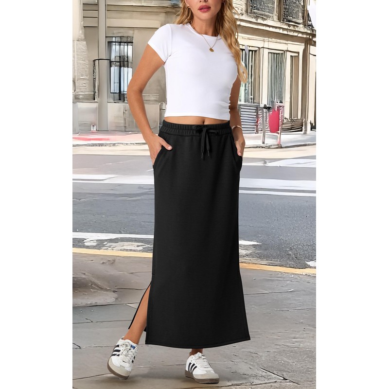 GRECERELLE Womens Summer Maxi Skirts Anti-Wrinkle Casual High Waisted Adjustable