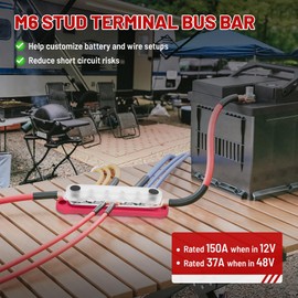 RED WOLF 150A 12V Bus Bar with Cover, Power Distribution Block 6 x 1/4" (M6) Studs Battery Busbar Terminal Junction Block 48V Car RV Boat Marine Solar System