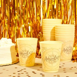 Sparkle and Bash Travel-Themed Plastic Party Cups - Compass Design Adventure Party Favors - Reusable Plastic Baby Shower Cups - Yellow, 16 Oz - Pack of 16