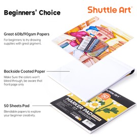 Shuttle Art Marker Pad, 8.3”x7.67” Portable Square Sketchbook, 50 Sheets Marker Drawing Paper, 60LB/90GSM Smooth Surface Bleedproof Art Paper, Glue-Bound, Great for Beginners to Draw, Paint & Sketch