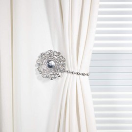 2PCS Curtain Tiebacks Clips Buckle Strong Magnetic Holdbacks Holders,Shining Artificial Diamonds Crystal with Stretchable Spring Wire Rope for Home Decoration,Silver